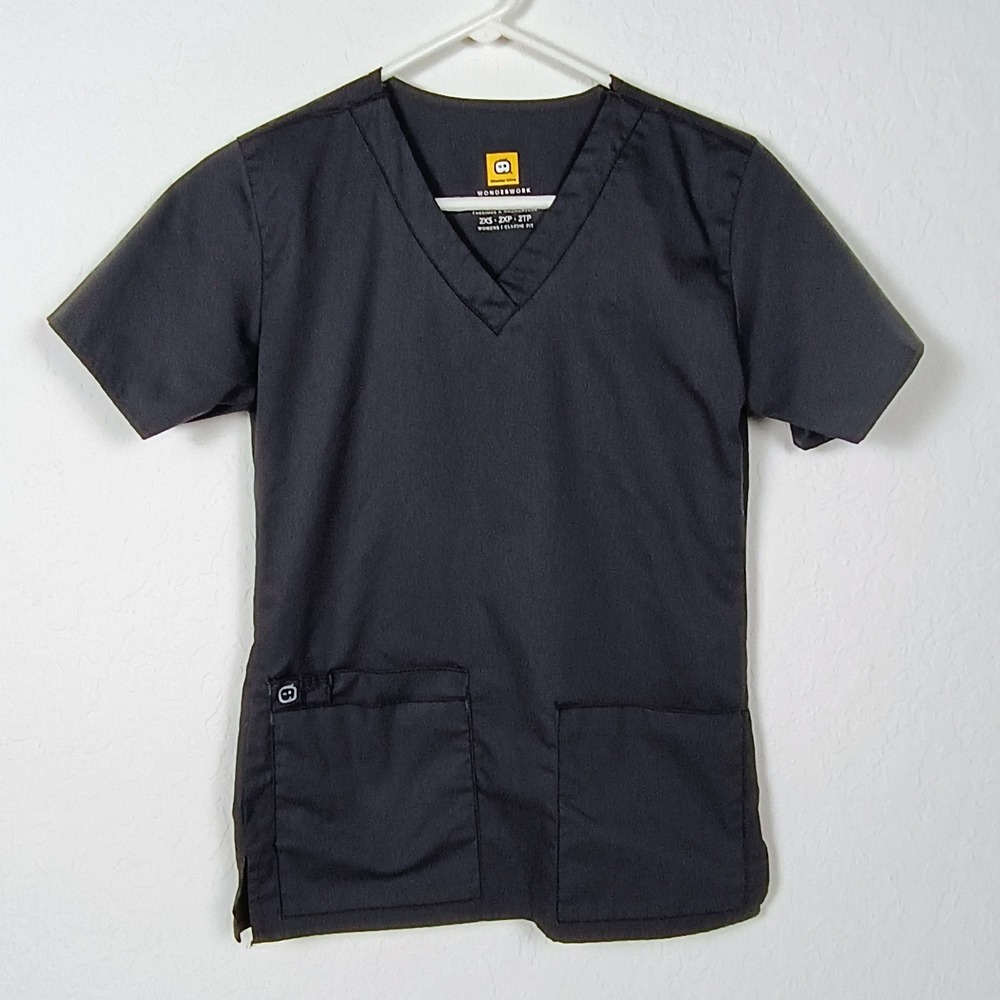 WonderWink WonderWORK Women's V-Neck Scrub Top‎ Dark Gray Size 2XS